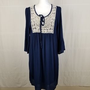 Vintage Boho 3/4 sleeve dress crochet trim Large